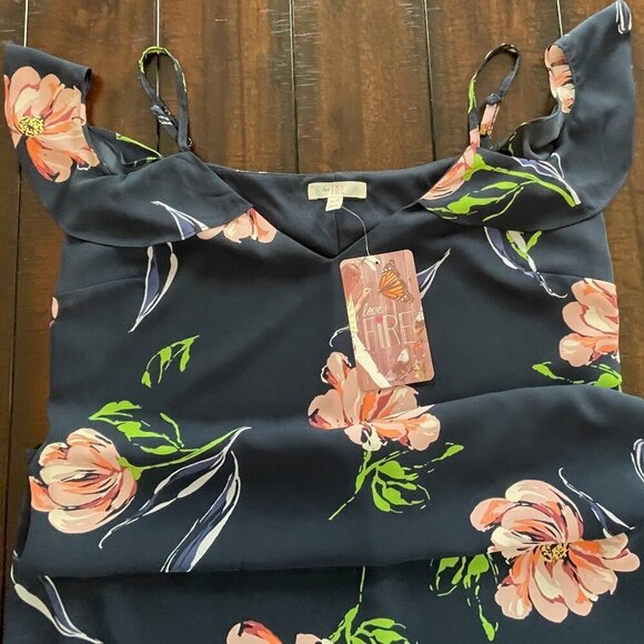 Pretty Tropical Fluttery Crepe Strap Cold Shoulder Navy Floral Mini Dress - Picture 3 of 8